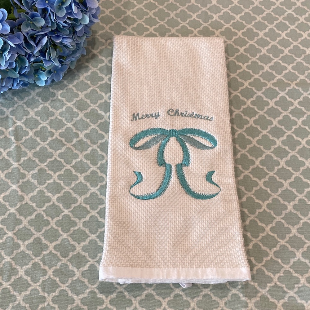 NEW Merry Christmas Embroidered Bow Kitchen Hand Towel Light Teal